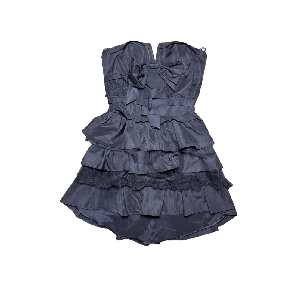 Bebe Black Strapless Tiered Ruffle Lace Mini Dress